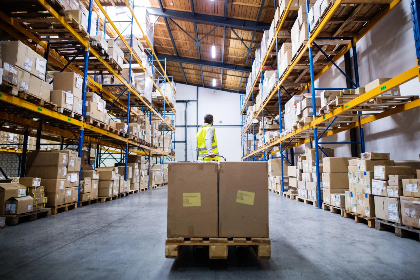 Warehouse Warehouse dock storage solutions by Midwest Warehouse Solutions, Inc., featuring a worker with a pallet in a well-organized storage area.