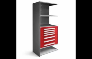 Industrial shelving with modular drawers for organized small parts storage