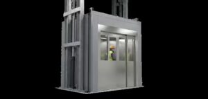 VRC lift moving pallets between warehouse levels