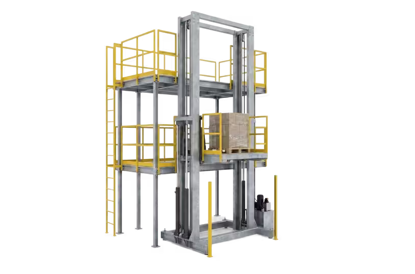 VRC lift system components: load platform, guide columns, access gates, and safety interlocks