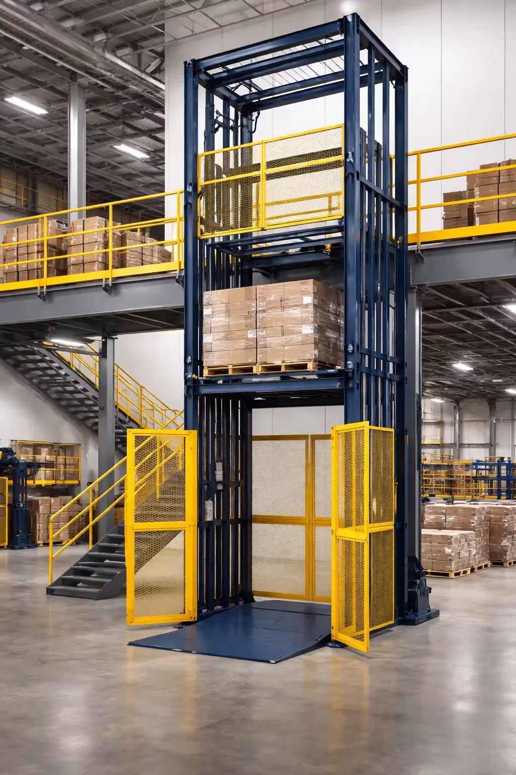 Vertical reciprocating conveyor VRC lift moving pallet load to warehouse mezzanine with safety gates and access guarding