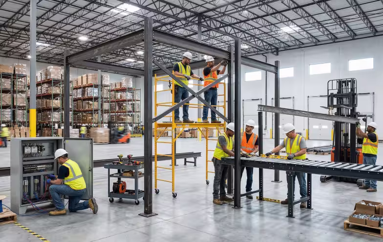 MWS certified crew installing automated conveyor system in warehouse facility