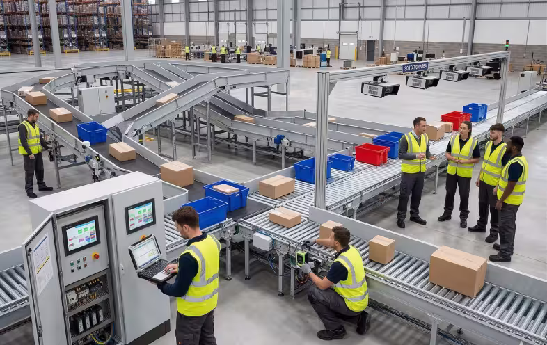 Automated conveyor system testing and commissioning with operator training in warehouse
