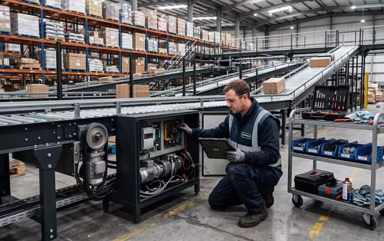 MWS technician performing preventive maintenance on automated warehouse conveyor system