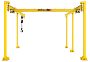 Freestanding workstation bridge crane with enclosed track and self-supporting columns