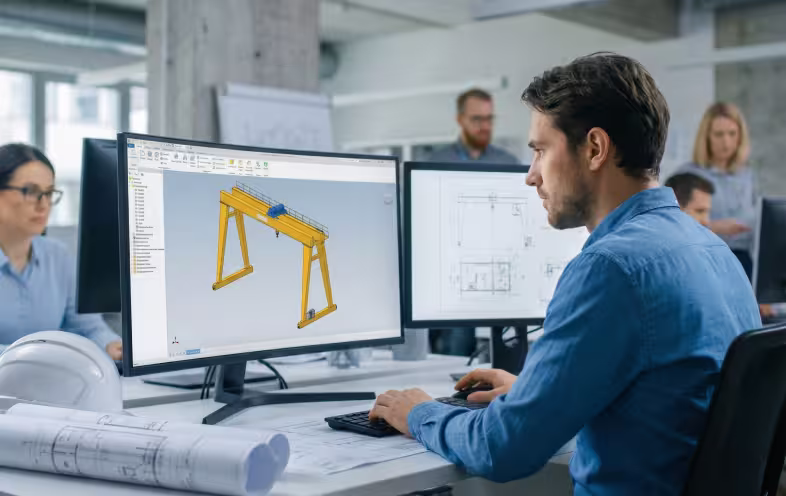 MWS engineers using CAD modeling for custom freestanding bridge crane system design