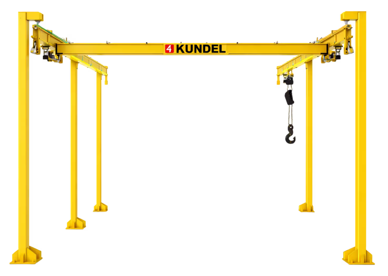 Floor supported freestanding bridge crane with steel columns bolted to warehouse floor