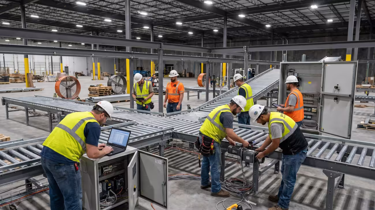Belt conveyor system transporting packages along inclined path in warehouse