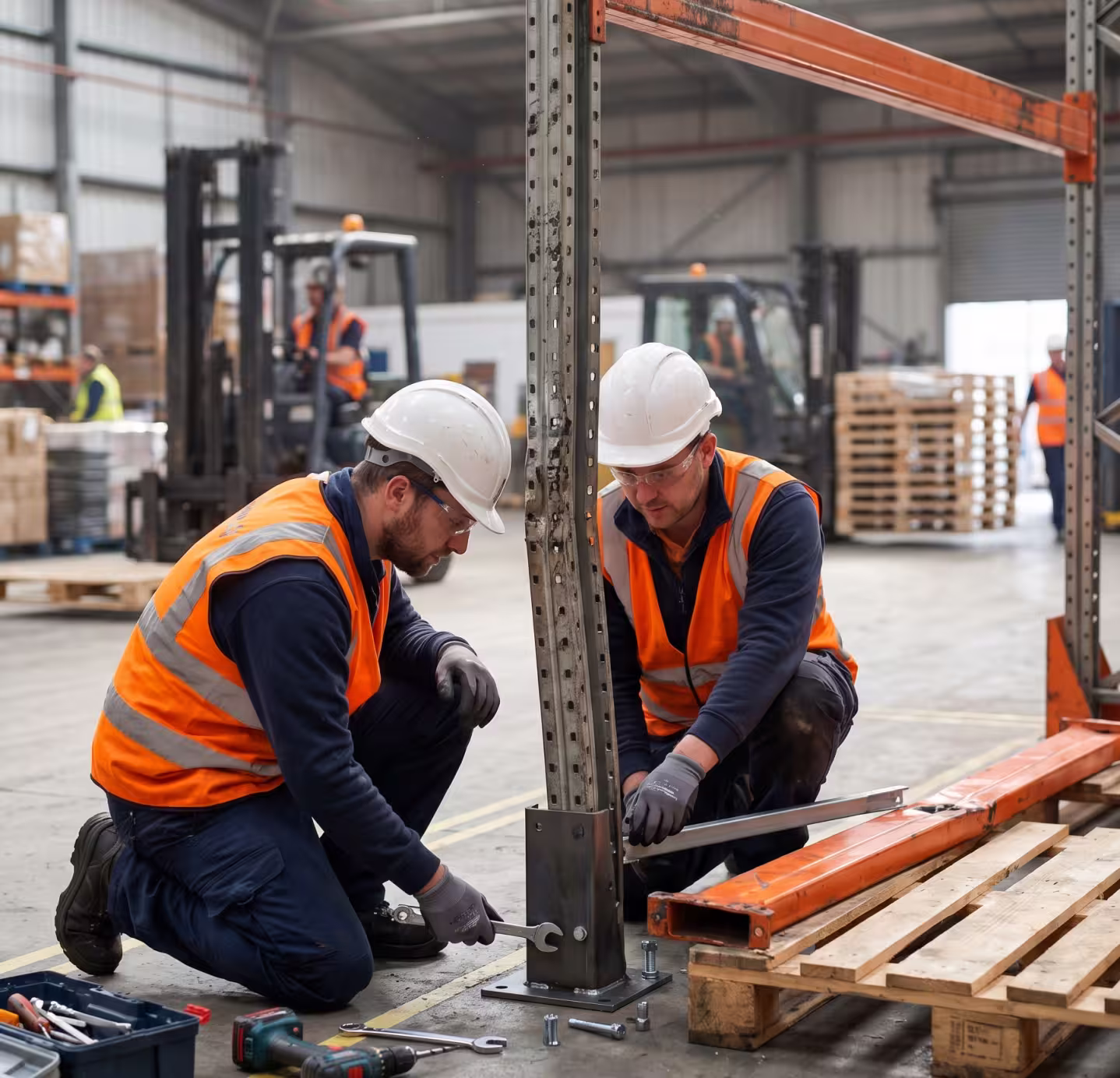 Warehouse rollout rack system with pull-out trays for heavy item storage and manual access