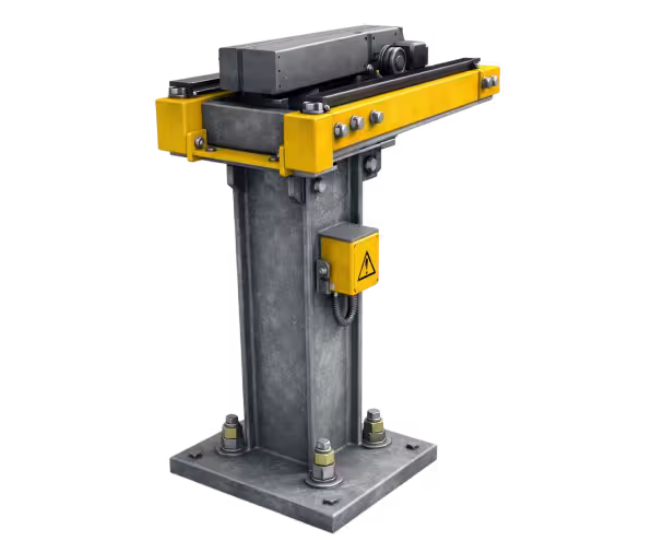 Floor-mounted steel columns of freestanding bridge crane bolted to concrete slab
