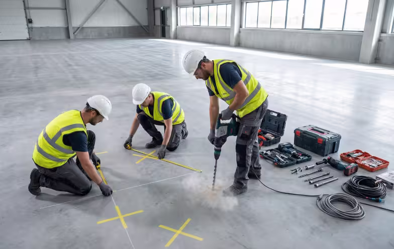 MWS crew marking floor layout and drilling anchor bolts for freestanding bridge crane installation
