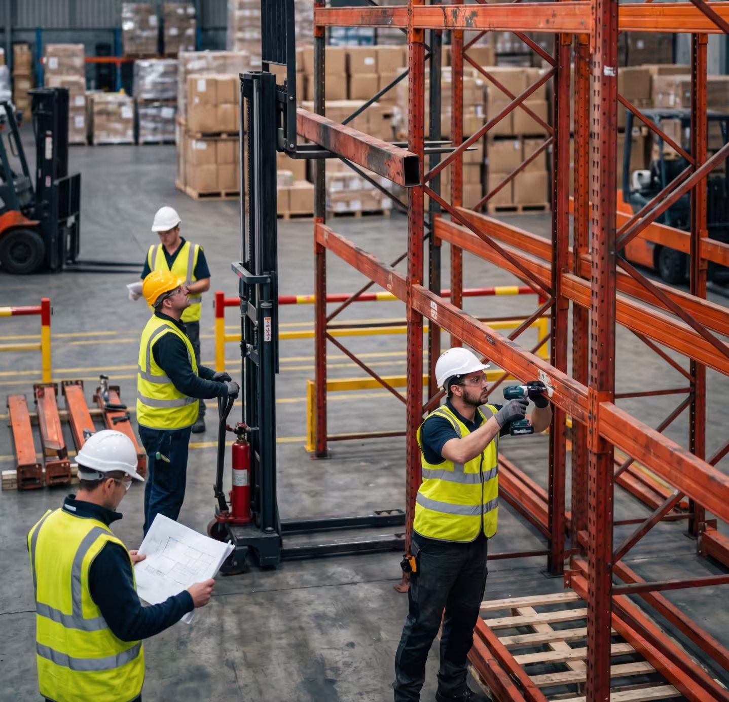 Warehouse rollout rack system with pull-out trays for heavy item storage and manual access