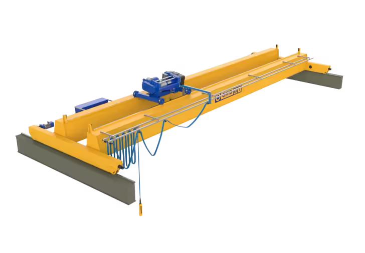 Bridge beam traveling along enclosed track runway on freestanding workstation crane