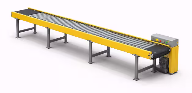 Motorized belt conveyor system with controls and sensors for warehouse automation
