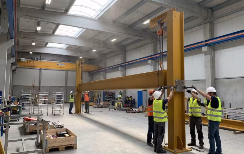 MWS crew erecting steel columns and installing runway track for bridge crane system