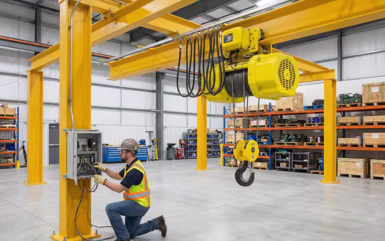 MWS technician installing bridge hoist controls and electrical system on workstation crane