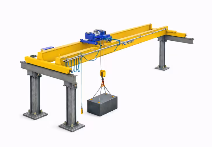 Freestanding bridge crane rectangular coverage area over complete industrial work cell