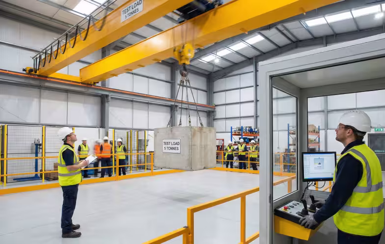 MWS crew performing load test and operator training after freestanding bridge crane installation