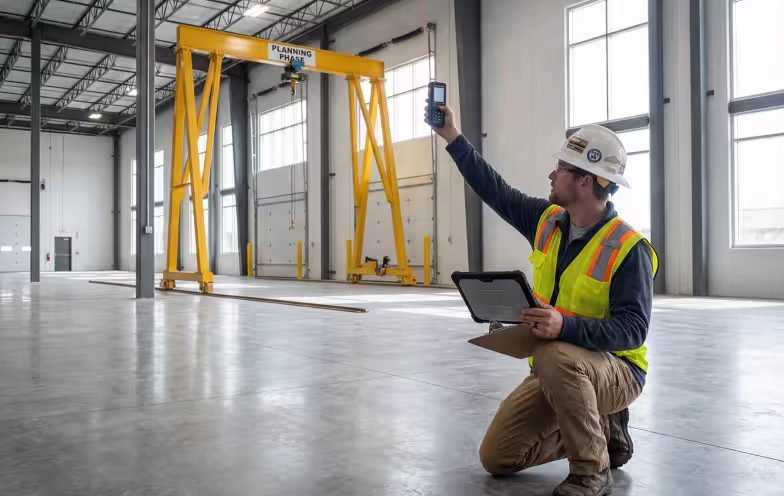 MWS crane specialist conducting site assessment and floor evaluation for bridge crane installation