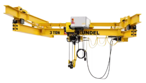 Ceiling hung bridge crane suspended from roof structure for maximum floor space clearance
