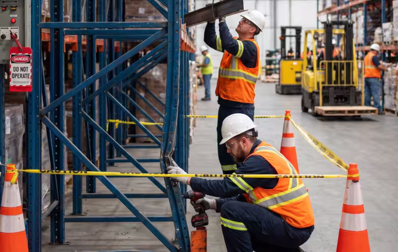 Industrial workers performing maintenance on a blue pallet rack system in a warehouse facility