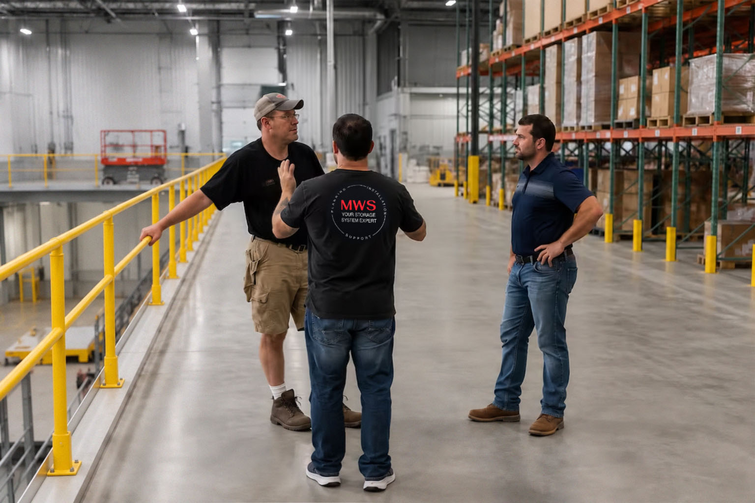 website-image_home-page MWS team members discussing a project on a warehouse mezzanine walkway next to pallet racking